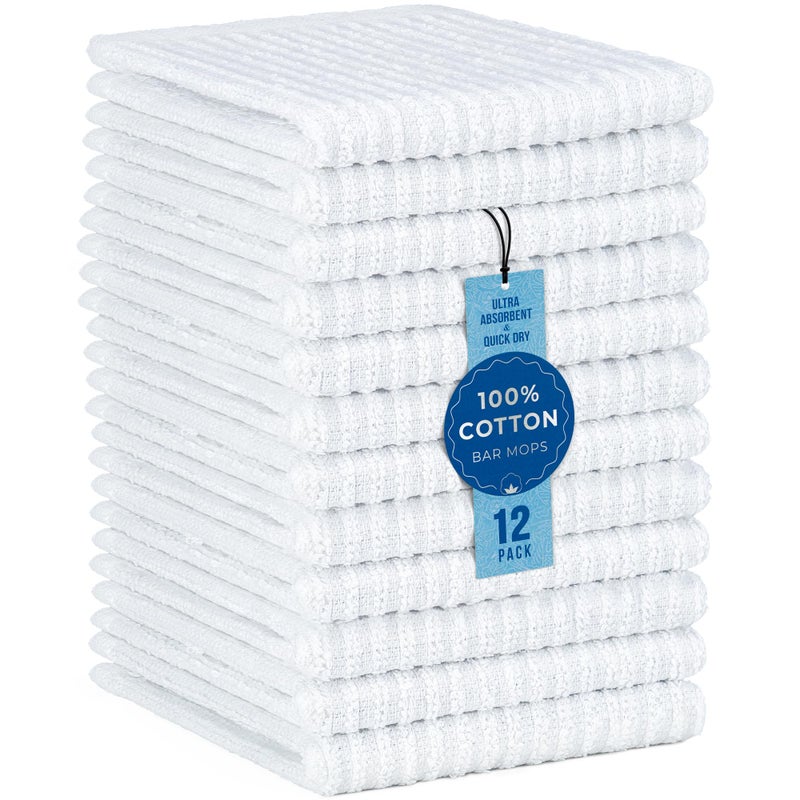 DecorRack 12 Pack 100% Cotton Kitchen Towels for Cleaning, 12 x 12 inch, Ultra Absorbent Bar Mops, Heavy Duty, Quick Dry, Machine Washable Dish Towels, Multi-Purpose Cleaning Supplies, White (12 Pack) - Image 1